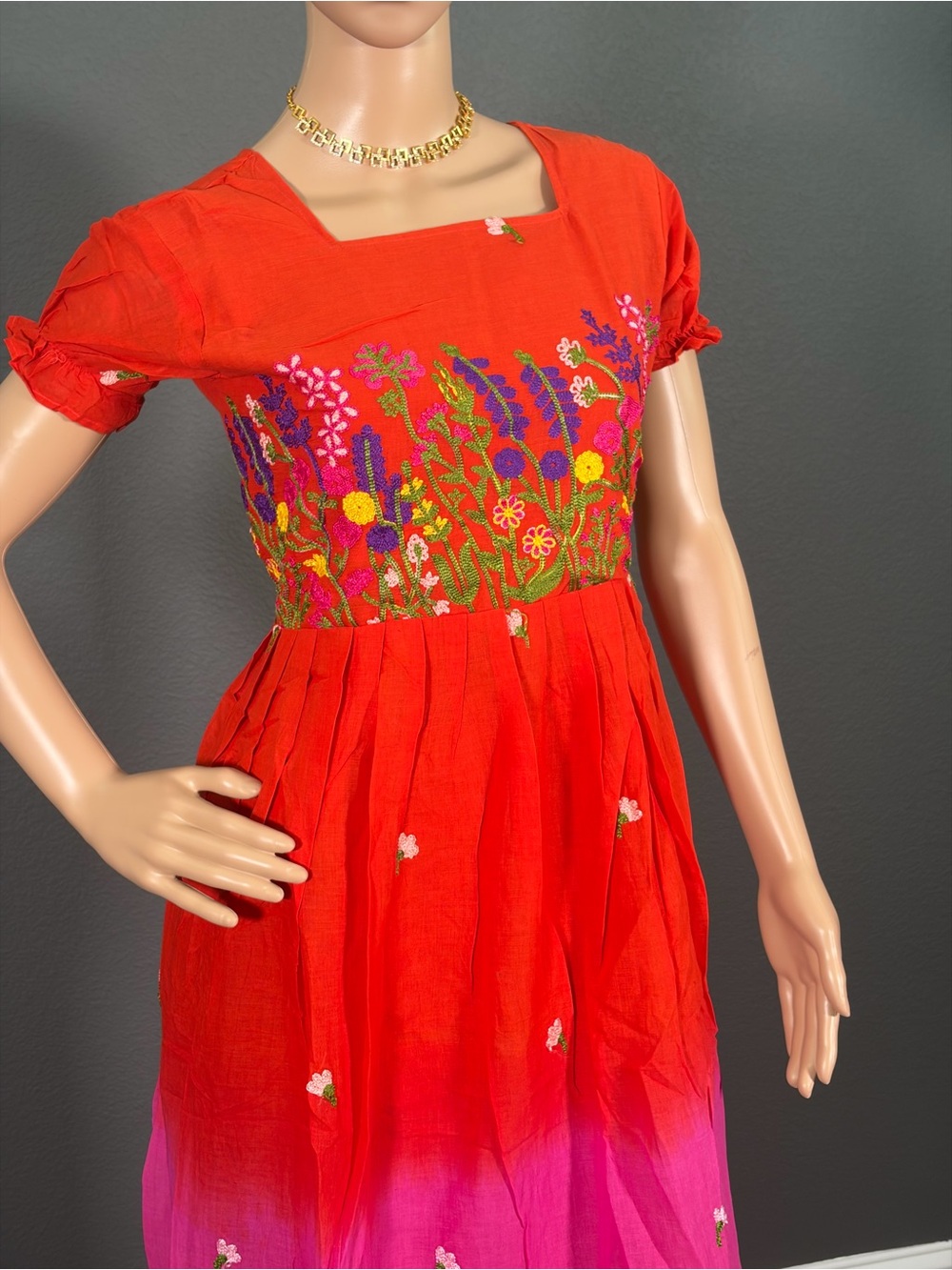 Brand new Hand-Embroidered Red Floral Midi Dress,Bust - M up to L